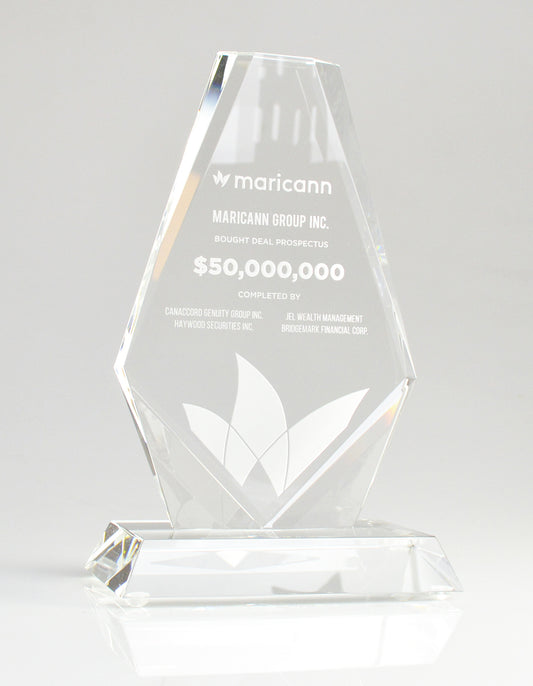 Precision sandblast engraving on optic crystal Buena Vista financial tombstone