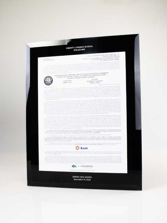 Integrity wall-mounted financial tombstone display frame with custom M&A details