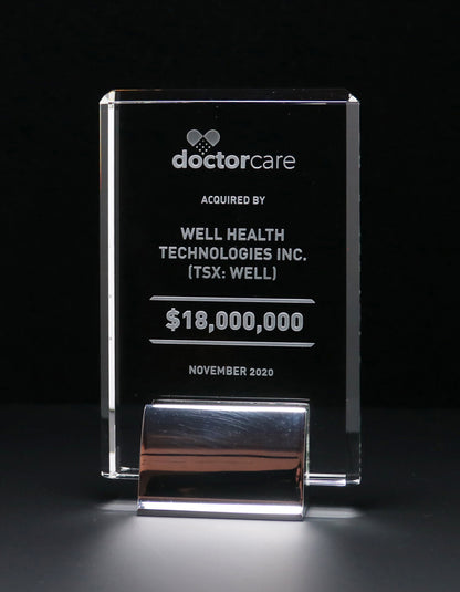 Crystal Tower financial tombstone premium optic crystal deal toy designed with custom aquisition message and deal logos
